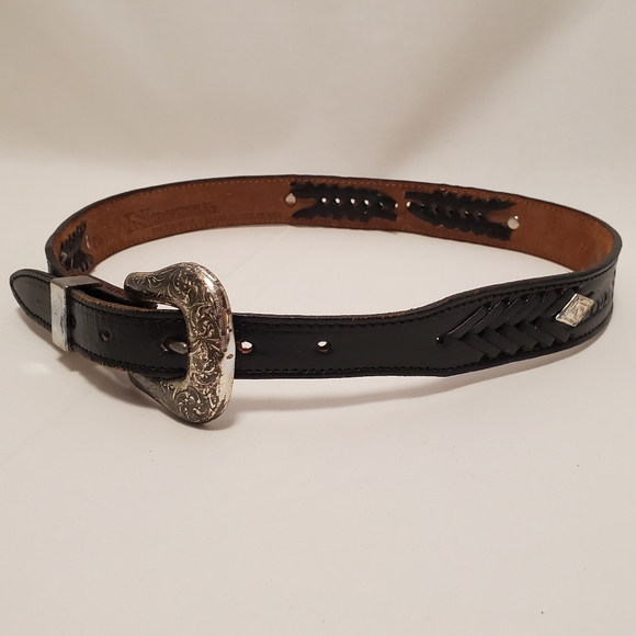 Nocona Western Black Leather Belt Made in USA Woven Embossed Embellishments - Picture 2 of 10
